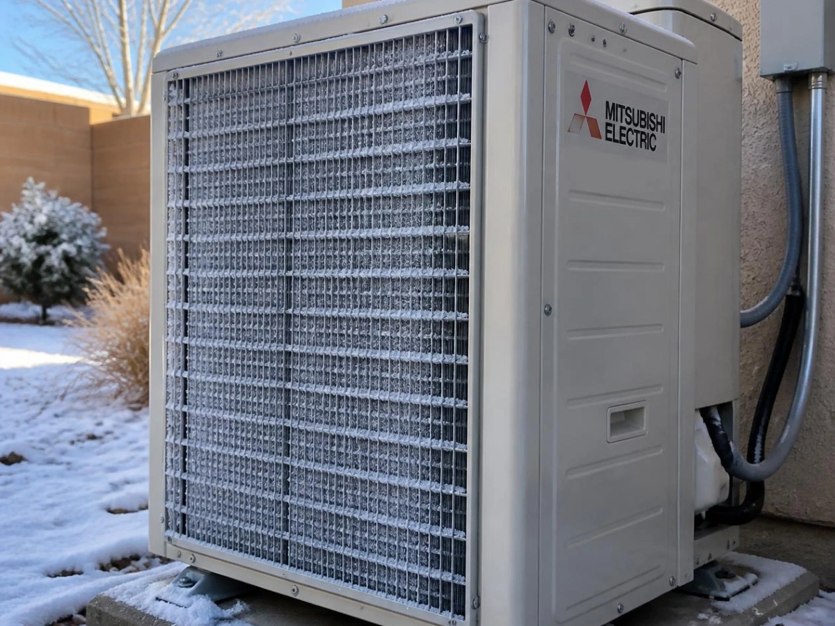 Frost on the outdoor coil of a heat pump in Albuquerque on a cold winter morning