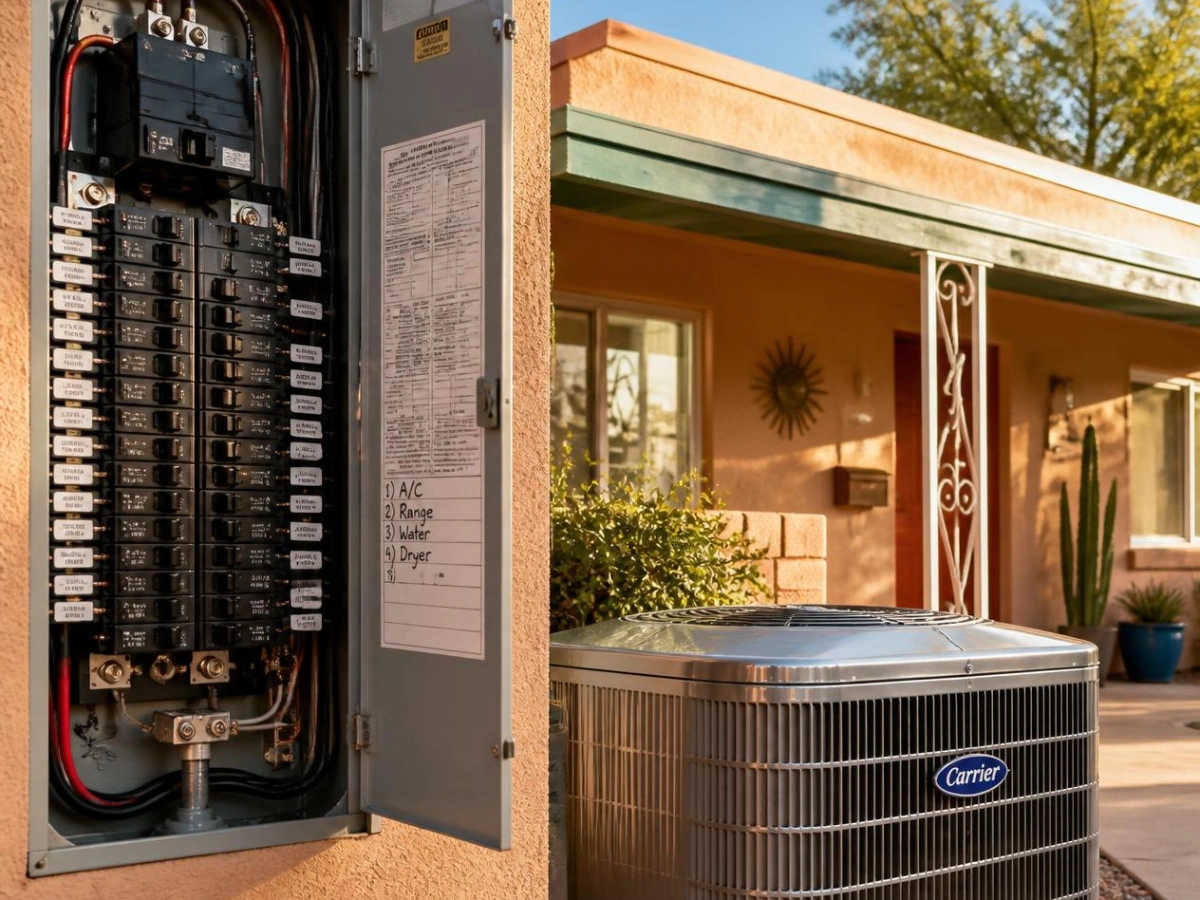 checking an electrical panel during a swamp cooler conversion in Albuquerque after installing a refrigerated air condenser